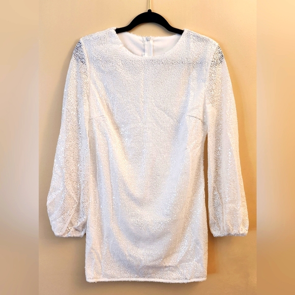 White Sequin Mini Dress with Peasant Sleeves - Picture 1 of 2